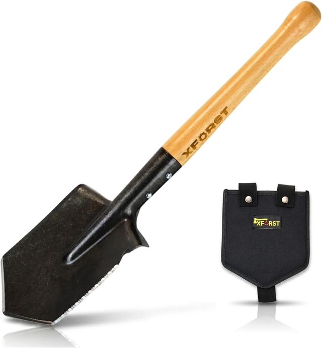 Pelle Bêche de Jardinage en Acier Multifonction – Pelle de Jardin, Camping, Survie et Détection de Métaux, Manche en Bois, Housse Incluse, Bêche Militaire US, Lame 15,5 cm, 56 cm, 750 g, Xforst FS1