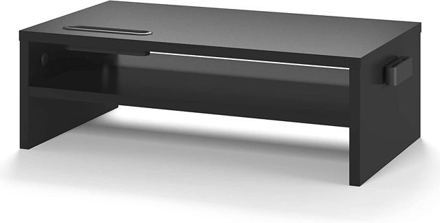 BONTEC Rehausseur Ecran PC Bureau, Support Ordinateur en Bois Noir a 2 Niveaux, Support Moniteur avec Gestion des Cables, Fente pour Telephone, Rangement pour Bureau Organise et Setup Gaming