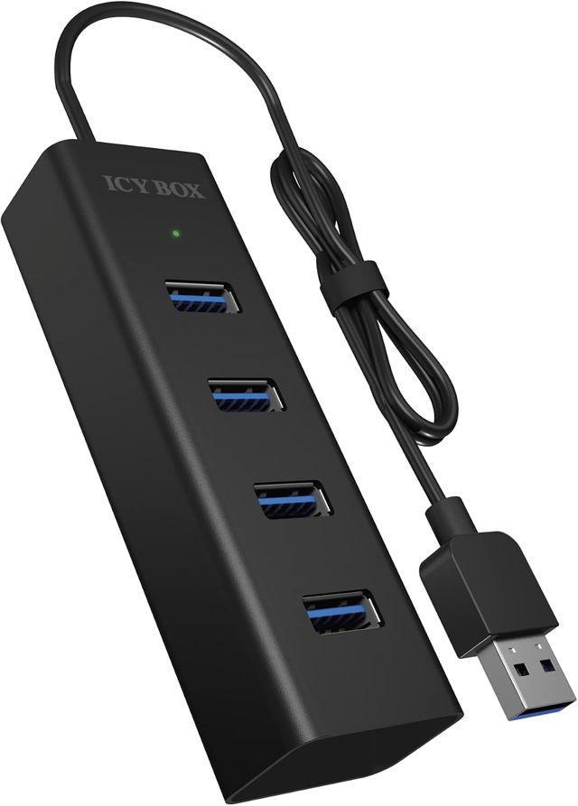 ICY BOX IB-HUB1409-U3 Concentrateur USB 4 Voies (Connexion de Type A) avec 4X connecteurs USB 3.0 (Type A), cble intégré (40 cm), Aluminium, Noir