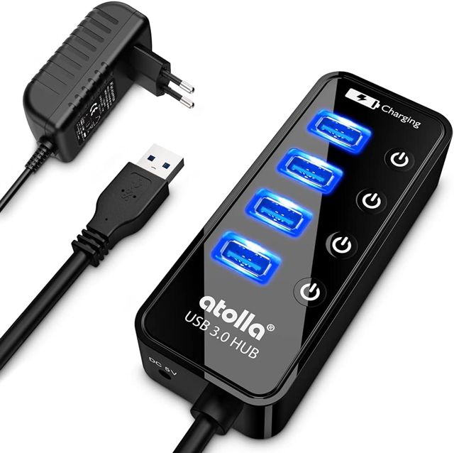 Atolla Hub USB 3.0 alimenté, Hub USB à 4 Ports multiprise avec commutateurs individuels Marche/arrêt - Adaptateur d'alimentation Inclus
