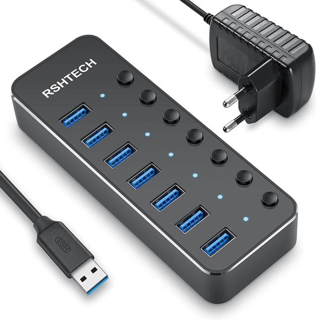 RSHTECH Hub USB Alimenté, Aluminium Hub USB 3.0 à 7 Ports, RSH-518