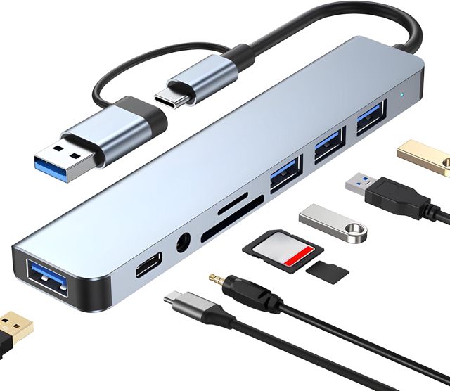 8 en 1 Hub USB C Hub avec Ports 3.0 Et 2.0 Lecteur De Cartes SD/TF Et Prises Audio 3,5 Mm pour Pc Ordinateur Portable Clé USB Souris Et iPad
