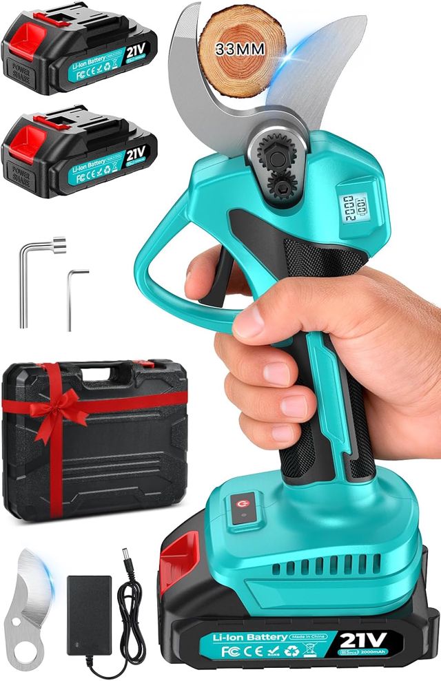 Sécateur Électrique Sans Fil, Léger Secateur electrique, Moteur sans balais, Capacité de Coupe de 33mm, avec Écran LCD, 2 batteries, & Lames de rechange, pour le Jardinage, les Branches, les Oliviers
