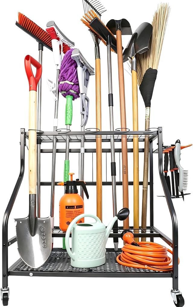 Sinoer Organisateur d'outils de jardin en métal à 3 étages avec crochet et roue, pour pelouse, garage, cour et jardin