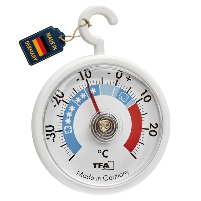 TFA Dostmann Thermomètre de refroidissement analogique avec crochet, 14.4005, maniable, avec zones de refroidissement, pour réfrigérateur, congélateur et entrepôt de réfrigération, blanc