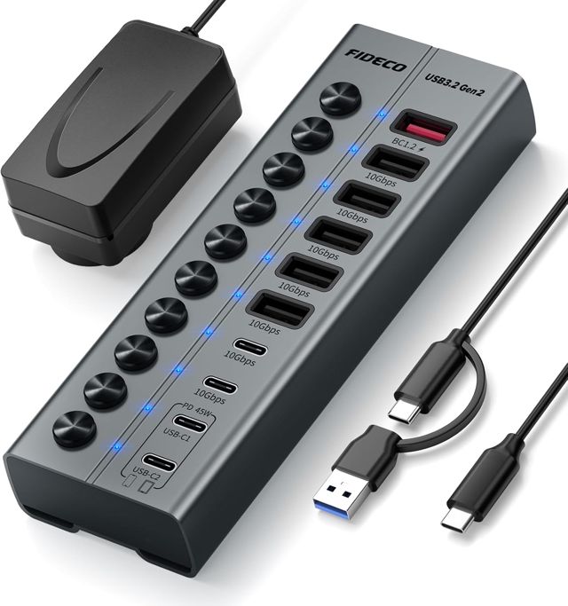 FIDECO Hub Alimenté 10 Ports 72W, Hub USB avec 1 BC1.2, 2 Ports de Charge PD 45W et 7 Ports 10Gbps USB 3.2 (5 USB-A + 2 USB-C), Hub USB en Aluminium pour Laptop, PC, MacBook, iPhone 17/16/15