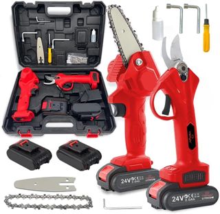 Kit sécateur + mini scie électrique 10,2 cm, 2 batteries 2 mh, mallette, chargeur, moteur 1500 W, coupe branches 30 mm, sécateur professionnel jardinage coupe bois et haies