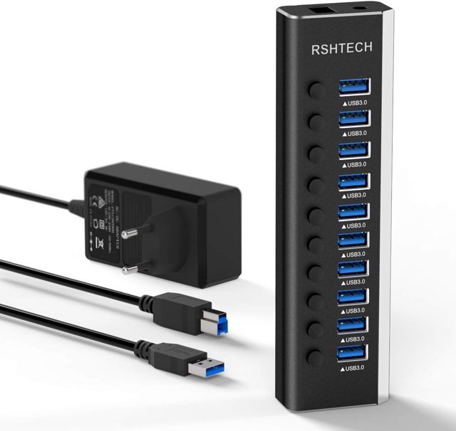 RSHTECH 36W Hub USB 3.0 Alimenté à 10 Ports Aluminium Multiprise USB Hub avec 12V / 3A Alimentation Externe Multi Port Hub avec Commutateurs Individuels et Indicateur LED (RSH-A10)