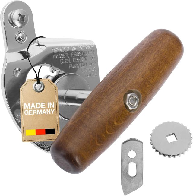 Westmark Set de 3 pièces : 1 Ouvre-Boîte Professionnel Titan + 1 Lame de Rechange + 1 Roue de rechange, Acier/bois/acier laqué, argenté/brun/noir, 122422E6