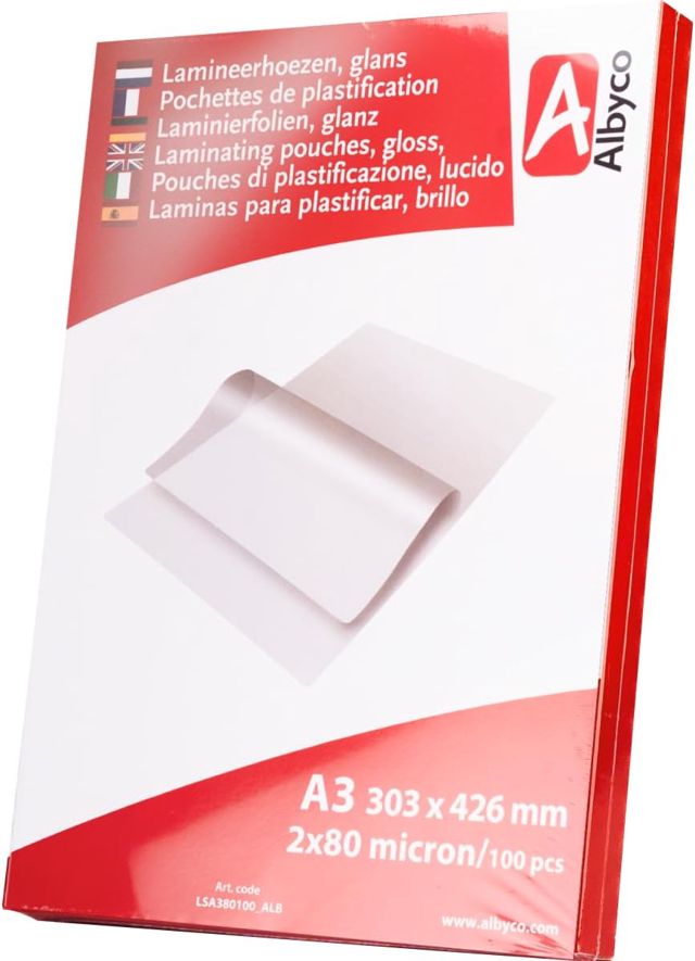 100x Albyco Pochettes de Plastification -A3 (303x426mm) - Ép. 2x80 (160) µm