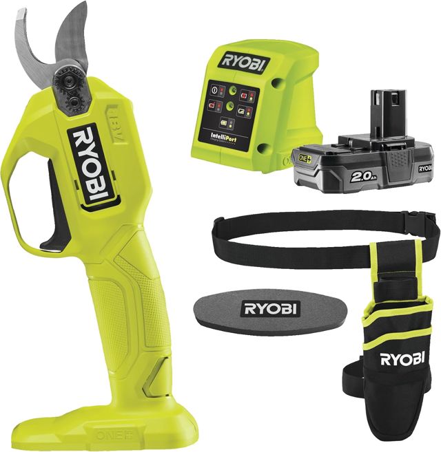Sécateur à batterie Ryobi RY18SCA-120P avec batterie 18V 2AH, chargeur, fourreau et pierre pour affûtage
