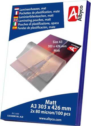 100x Albyco Pochettes de Plastification matte - A4 - Ép. 2x80 (160) µm