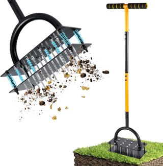 ROCKY&CHAO Aérateur Manuel pour pelouse – Outil de Jardin à Double Plaque avec 16 Pointes et 4 Ressorts, poignée en T, idéal pour sols compacts et Entretien du Gazon