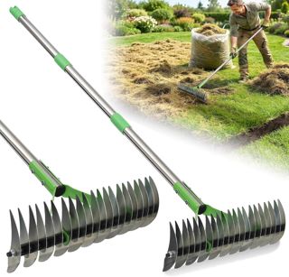 Rateau de Désherbage Scarificateur Gazon Manuel 21 Dents, Aérateur de Pelouse à Manche Long, Outil de Jardinage pour Enlever la Mousse et Aérer Le Sol (1, argenté, 140cm)