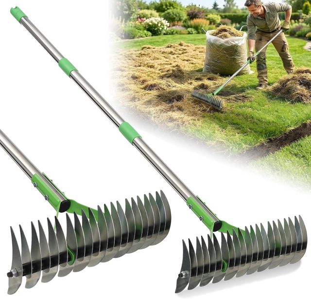 Rateau de Désherbage Scarificateur Gazon Manuel 21 Dents, Aérateur de Pelouse à Manche Long, Outil de Jardinage pour Enlever la Mousse et Aérer Le Sol (1, argenté, 140cm)