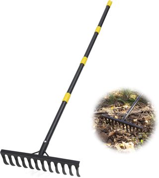 Râteau de jardin RAK 189 cm, Râteau de jardin en métal avec manche, râteau à 12 dents en acier pour ameublir le sol et niveler la pelouse, balai à feuilles, râteau à gazon, outil de jardinage pour