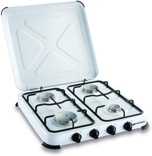 KEMPER - Plaque de cuisson gaz 2 feux portable 2600W Blanc Couvercle amovible - Réchaud Camping Connexion Bouteille de Gaz Butane/Propane simple & sécurisée