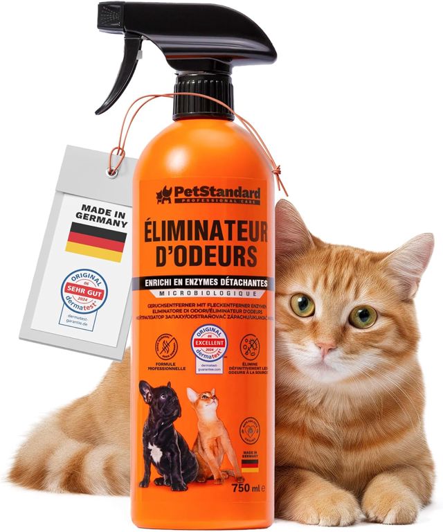 PetStandard Spray Enzymatique – Destructeur d’Odeurs Puissant & Détachant – Urine de Chien & Chat, Excréments, Vomissures – Sans danger les Animaux – Fabriqué en Allemagne – 750ml