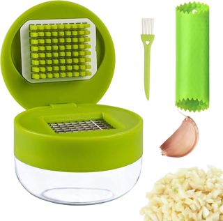 Lot de 1 coupe-ail avec éplucheur d'ail en silicone, brosse de nettoyage, lames en acier inoxydable de qualité alimentaire, pour ail haché, gingembre et fruits