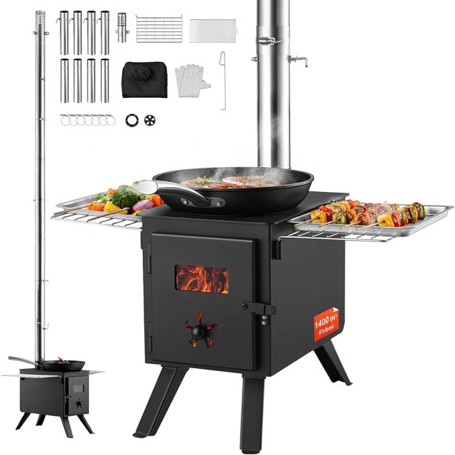 VEVOR Poêle à bois, 86 pouces, poêle de tente de camping en acier allié portable avec 8 tuyaux de cheminée et gants, poêle de tente chaude de 1400 po³ pour la cuisine et le chauffage en plein air
