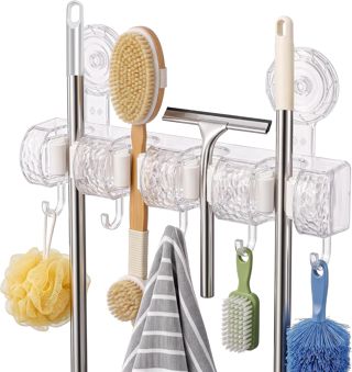 Porte Balai Mural Sans Perçage, Accroche Balai Mural avec 4 Supports et 5 Crochets, Support De Vadrouille Auto Adhésif, Porte Outils de Jardin Mural, Idéal pour Salle de Bain, Cuisine, Jardin