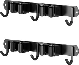 TIANLIN Support Balai Mural 2 Pièces, Porte Balais Adhésif ou à Visser pour Manche 1.8-2.8cm, en Acier Inoxydable 304 Noir, Rangement Mural pour Cuisine, Buanderie, Garage – 3 Clips + 4 Crochets