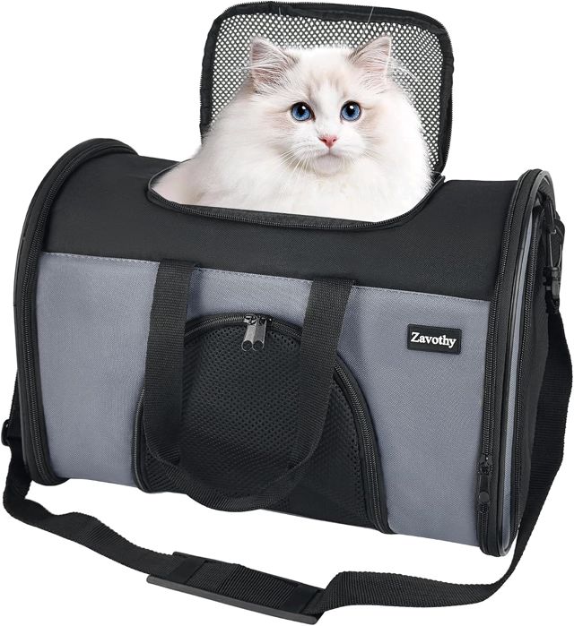 Zavothy Sac de transport pour chats et chiens, sac de transport, respirant et pliable, cage de transport pour chats avec bandoulière réglable, coussin en peluche amovible (noir, L)