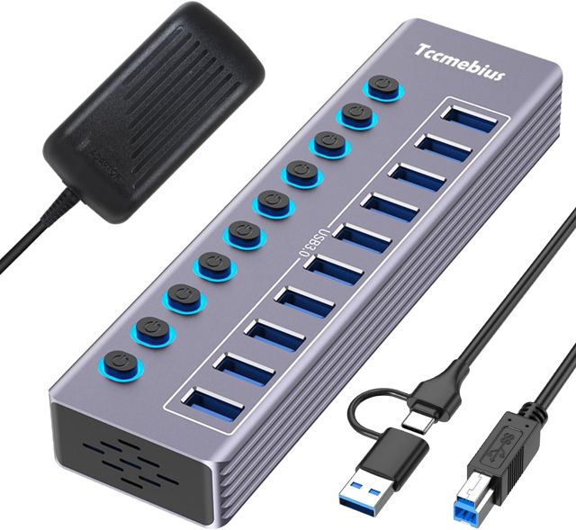 Hub USB Alimenté à 10 Ports Aluminium USB 3.0 Data Hub avec Interrupteur Séparé LED, Adaptateur d'alimentation 12V/3A, 2-en-1 (USB A/C) Data Cable 100cm, pour Laptop MacBook Pro/Air PC