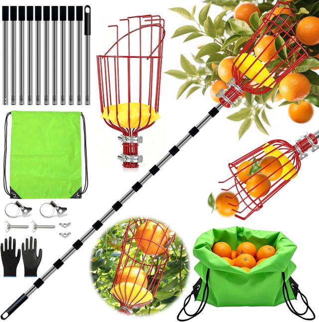 TZEKING Cueilleur de Fruits Télescopique 4,2m Cueille Fruit Telescopique, Ramasse-Fruit en Acier Inoxydable, Réglable pour Pommes, Poires, Cerises, Oranges