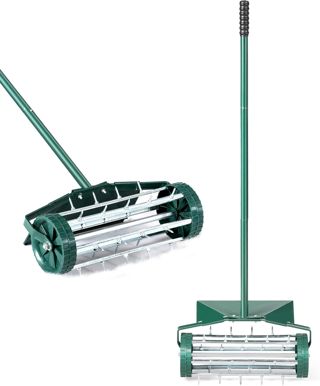 FANTASK Rouleau aérateur de pelouse, avec Manche, scarificateur Manuel, Vert, avec Clous de 3 cm et Protection Anti-éclaboussures, 46 x 23 x 127 cm