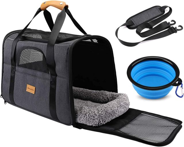 Morpilot Sac Transport Chat Chien, Caisse de Transport Chat Respirant et Pliable Cage Transport Chat avec Matelas en Peluche Amovible + Bol (Accepté au Maximum 15lbs/7kg，44* 31* 34cm)