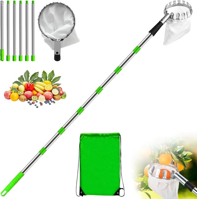 Cueille Fruit Télescopique 2,8m avec Sac de Rangement, Cueilleur Fruits en Acier Inoxydable Ø 16 cm, Outil Cueillette Jardin Réglable, Perche Ramasse Pommes Amovible pour Cerise, Pêche, Prune, Figues