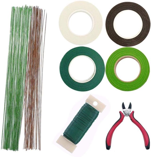 Woohome 12 PCS Trousse à Outils Arrangement Floral, 2 Style Tape Strap Wrap, 2 Style Floral Wire, 2 Style Ciseaux et Epingles à Tête pour Bouquet de Mariage DIY