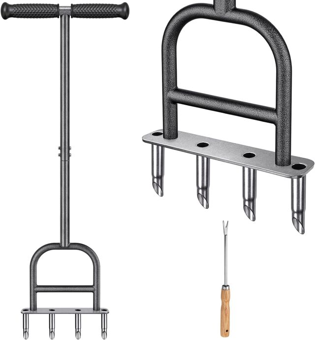 SELEWARE Aérateur de pelouse, aérateur pour pelouse, cuillère Creuse avec bac de Rangement et Outils de Jardin, poignée en Caoutchouc en T, aérateur de pelouse pour sols compacts, Entretien de la