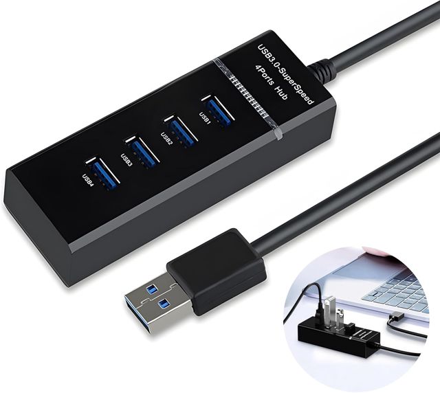 H302S Hub USB 3.0 pour ordinateur portable avec câble de 0,6 m de long, extenseur multi-ports pour transfert de données rapide, compatible avec Windows PC, Mac, imprimante, disque dur mobile, pour