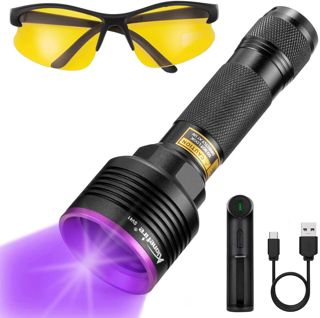 Alonefire SV41 10W Lampe Torche UV LED 395nm Rechargeable Lampe Ultraviolet Lumiere Noire Détecteur D'urine pour Resine, Pêche, Scorpion, Minéraux avec Lunettes de Protection UV, Chargeur, Batterie