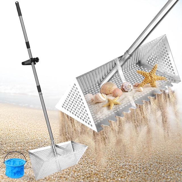 Râteau de Puce de Sable en Acier Inoxydable - Tamis de Sable de Plage avec Grand Panier à Dents de Requin de 20×40 cm, Tamis Détachable Râteau de à Poignée Longue Détachable pour Plage