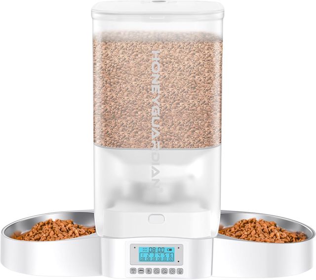 honeyguaridan Distributeur Croquettes 2 Chat Automatique, Répartition Uniforme, 5L Distributeur Croquettes Programmable avec 2 Bols en Acier Inoxydable, 10s Enregistrement Vocal, 1-6 Repas/Jour