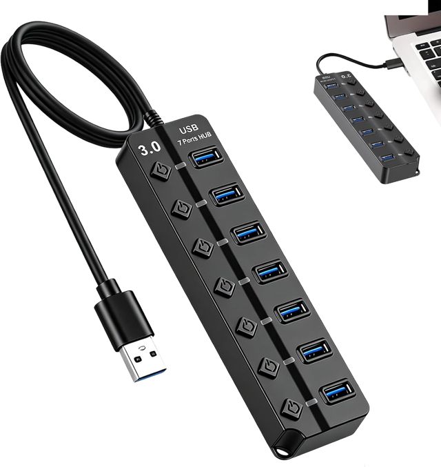 Hub USB 3.0 à 7 Ports – Adaptateur Multiport avec Interrupteurs de Contrôle Indépendants et Indicateurs LED – Compatible PC, Laptop, Clés USB – Solution pour la Maison et Le Bureau