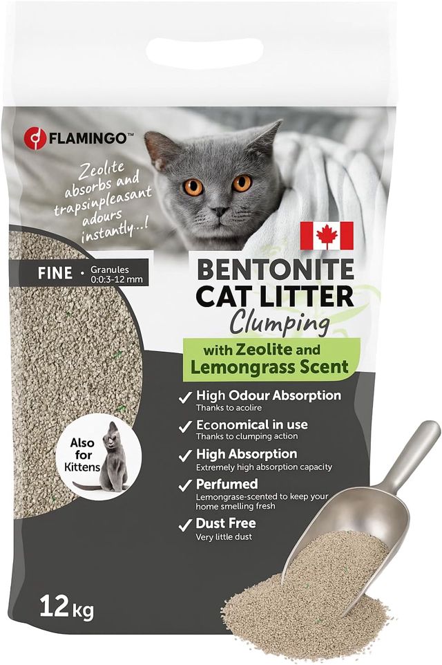 Flamingo Litière pour Chats - Parfum Talc pour bébé - 12KG pour 10 SEMAINES - Origine Canada - neutralisent les odeurs désagréables - douce pour les pattes -aussi pour les chatons