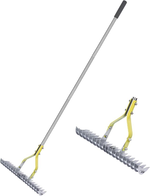 BARAYSTUS Scarificateur à Gazon, Râteau Déchaumeur à Chaume, Manche Réglable 148 cm, Dents Acier Carbone – Outil Multifonction pour Désherber et Aérer le Sol – Pelouse et Jardin