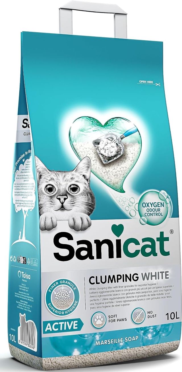 Sanicat - Litière pour Chats Ultra-agglomérante Blanche - Parfum de Savon de Marseille, Fabriquée à partir de minéraux naturels avec contrôle d'odeur Garanti, Capacité de 10 L