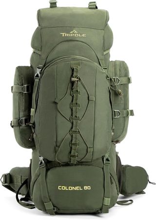 Tripole Colonel Sac à Dos 95L Voyage & Randonnée avec Sac de Jour Amovible 12L – Pour Femmes et Hommes, Sac à Dos Étanche avec Cadre Interne et Housse de Pluie, Camping & Trekking – Vert Militaire