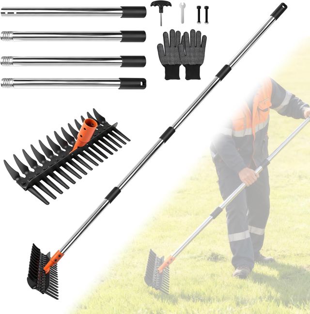 Râteau Jardin avec Manche Reglable 75cm/110cm/145cm, Scarificateur Gazon Manuel, Rateau a Feuille, Rateau de Désherbage Télescopique, Desherbeur Manuel avec Long Manche