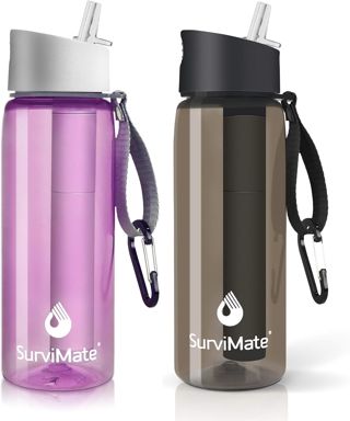 SurviMate Bouteille d'eau purifiée pour le camping, la randonnée, les voyages, sans BPA avec paille filtrante intégrée à 5 étapes