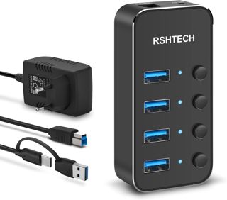 Hub USB Alimenté, RSHTECH Hub USB 3.2/USB C à 7 Ports avec 3*10Gbps Data Port (USB-A, 2*USB-C), 4*5Gbps USB 3.0 Ports, Touch Switch, 2-in-1 Data Cable (100cm), Adaptateur Alimentation 5V, RSH-ST07C