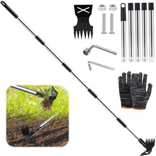 Desherbeur Manuel Long Manche de 180 cm, Râteau Manuel 2 en 1 et houe de Jardin, Arrache Mauvaise Herbe Long Manche, Multifonctionnelle Houe pour Jardinage, pour Cour, Pelouse, Terrasse