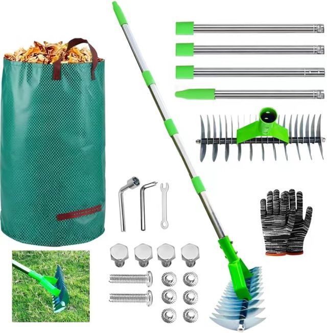 Scarificateur manuel avec manche - 165 cm - Râteau de jardin - Râteau à feuilles avec manche - Râteau de jardin - Râteau à foin - Longueur réglable et amovible pour enlever les feuilles et l'herbe