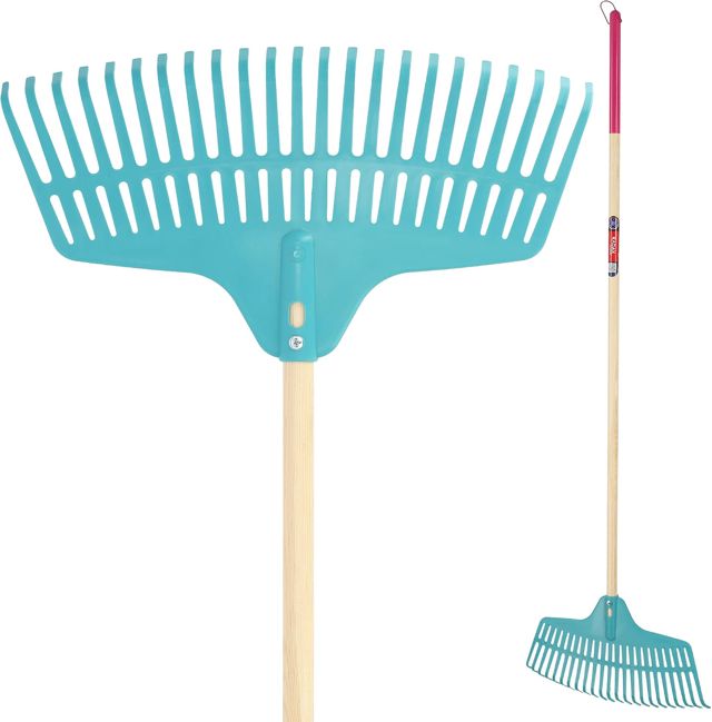KADAX Râteau à feuilles en plastique pour femme - Avec long manche en bois - Éventail à feuilles pour le jardin - Râteau de jardin confortable - Râteau à feuilles - Outil de jardinage (45 cm)