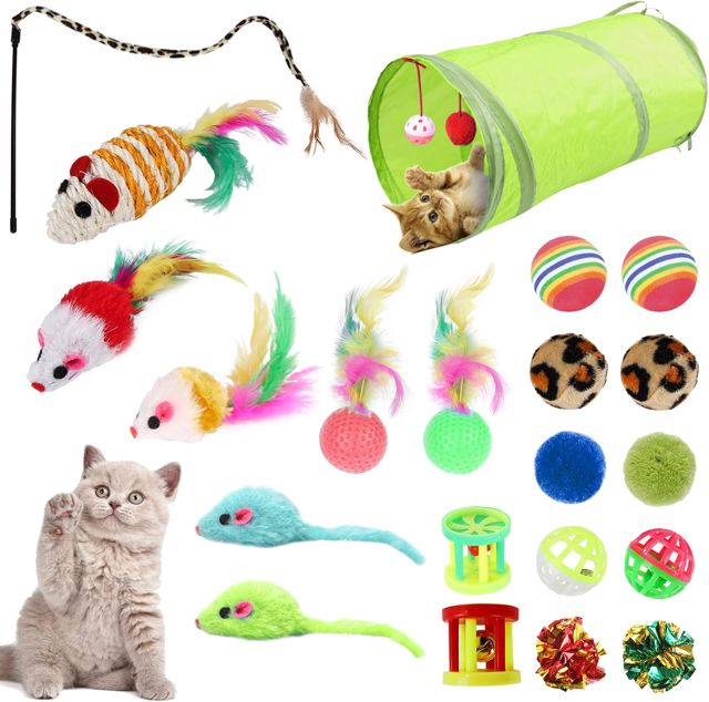 21 Pièces Jouets pour Chats Coloré Lot Jouet Chat Interieur Avec Tunel